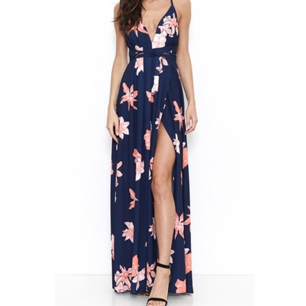 Blue Floral Plunging Neckline Dress